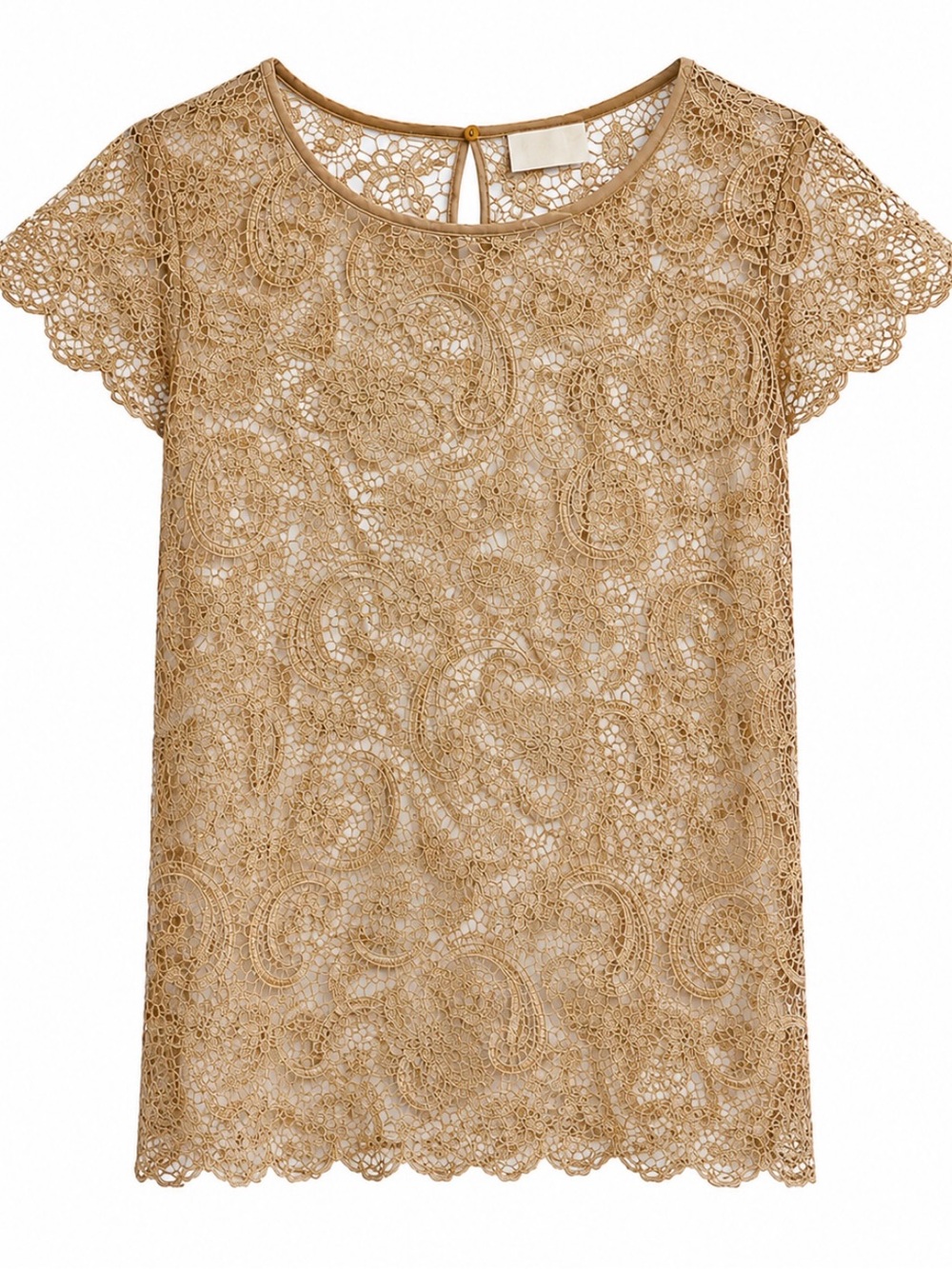 Crochet Lace Short Sleeve Top in Warm Beige